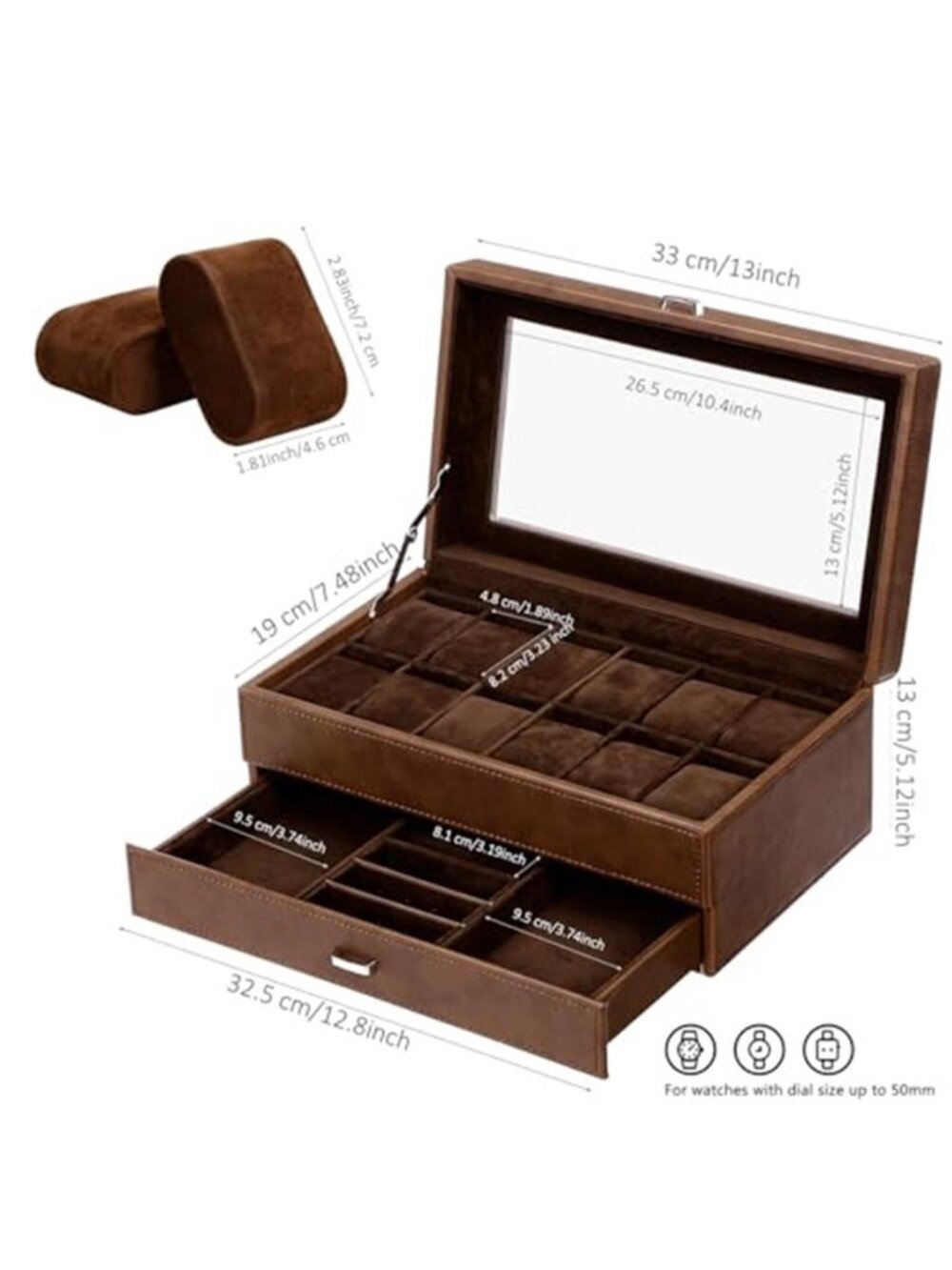Watch Box 12-Slot, Watch Case with Large Glass Lid | 2-Layer Mens - Picture 3 of 6